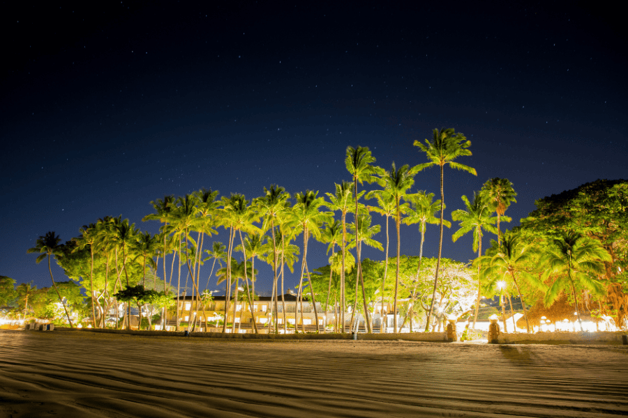 An image with a photograph of the coastline near a Tamarindo, Costa Rica hotel at night. There are palm trees along the shore, with the hotel lights in the backgroud.